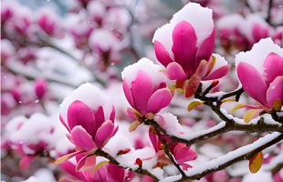 四川雅安：百年光叶玉兰迎雪绽放  